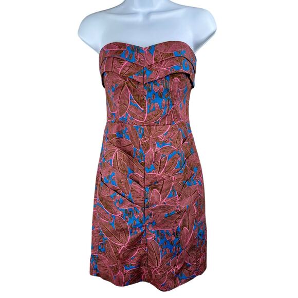 Rachel Roy Pink Green Tropical Linen Blend Pleated Strapless Mini Sheath Dress 0 - Picture 2 of 15